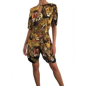 Kosi Bali Multi Color Animal Print Big Cat Keyhole Elastic Waist Vacay Romper